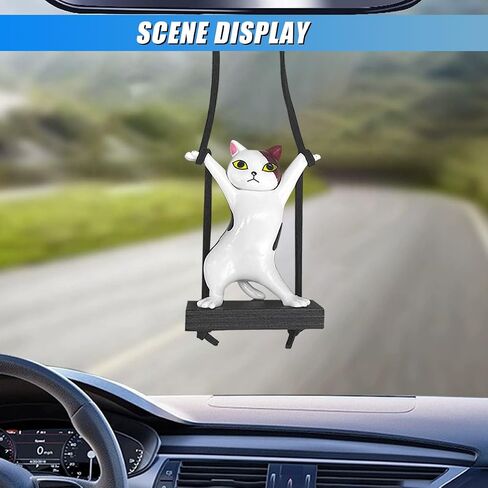 Swinging Cat Car Mirror Hanging Accessories, Funny Car Rear View Mirror Charm Pendant, Swing Cat Auto Hanging Decoration Ornament, Cute Vehicle Interior Accessories for Women Men (Black) in Saudi Arabia