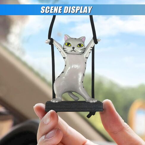 Swinging Cat Car Mirror Hanging Accessories, Funny Car Rear View Mirror Charm Pendant, Swing Cat Auto Hanging Decoration Ornament, Cute Vehicle Interior Accessories for Women Men (Black) in Kuwait