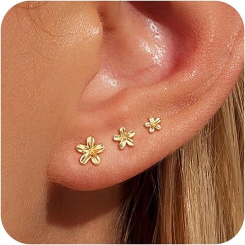 3 أزواج من أقراط مسمار ذهبية للنساء - Hypoallergenic 14K Gold Platback Flatback Straining Small Muring for Huffer Tiny Jewelry Trendy Jewelry for Women in Kuwait