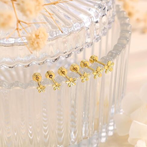 3 أزواج من أقراط مسمار ذهبية للنساء - Hypoallergenic 14K Gold Platback Flatback Straining Small Muring for Huffer Tiny Jewelry Trendy Jewelry for Women in Kuwait