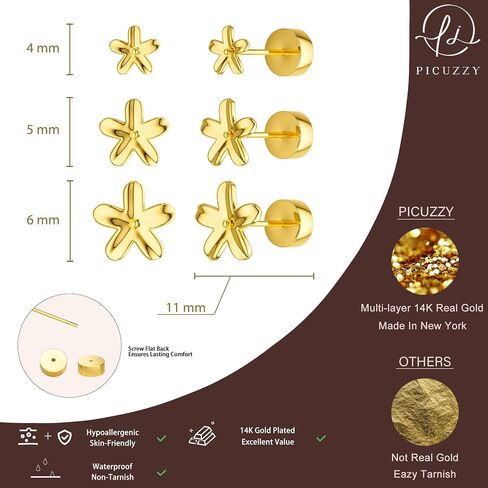 3 أزواج من أقراط مسمار ذهبية للنساء - Hypoallergenic 14K Gold Platback Flatback Straining Small Muring for Huffer Tiny Jewelry Trendy Jewelry for Women in Kuwait