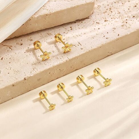 3 أزواج من أقراط مسمار ذهبية للنساء - Hypoallergenic 14K Gold Platback Flatback Straining Small Muring for Huffer Tiny Jewelry Trendy Jewelry for Women in Kuwait
