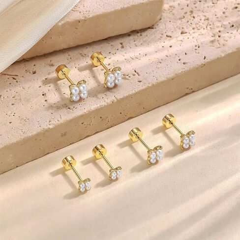 3 أزواج من أقراط مسمار ذهبية للنساء - Hypoallergenic 14K Gold Platback Flatback Straining Small Muring for Huffer Tiny Jewelry Trendy Jewelry for Women in Kuwait