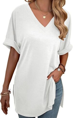 Remidoo Women's Side Slit Rolled Short Sleeve Tee V Neck Loose Fit Tunic T Shirt Top in Saudi Arabia