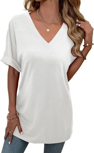 Remidoo Women's Side Slit Rolled Short Sleeve Tee V Neck Loose Fit Tunic T Shirt Top in Saudi Arabia