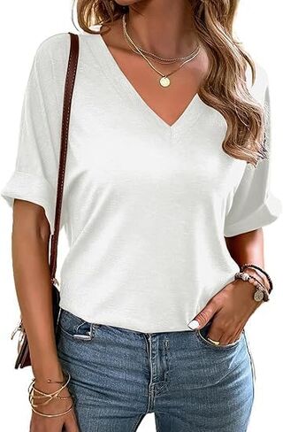 Remidoo Women's Side Slit Rolled Short Sleeve Tee V Neck Loose Fit Tunic T Shirt Top in Saudi Arabia