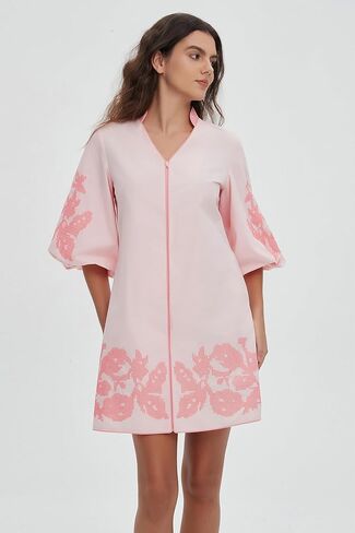 D-Sun Women Mini Dress Summer 3/4 نفخة الأكمام التطريز تونك صغير in Saudi Arabia
