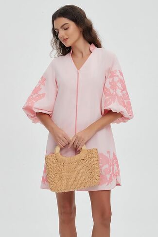 D-Sun Women Mini Dress Summer 3/4 نفخة الأكمام التطريز تونك صغير in Saudi Arabia