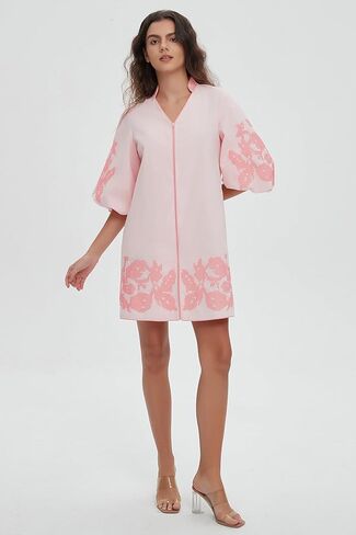 D-Sun Women Mini Dress Summer 3/4 نفخة الأكمام التطريز تونك صغير in Saudi Arabia