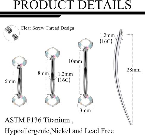 Ruifan 16g Rook Piercing Jewelry Titanium titanium داخليًا ملولبًا CZ حاجب الحاجز الحاجب Tragus Helix Conch Loble أقراط Lip Rings مجوهرات ثقب للجسم للنساء الرجال 6 مم 10 مم 10 مم 10 ملم in Saudi Arabia