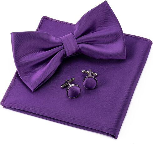 Mens Solid Color Double Fold Pre-tied Bow Tie and Pocket Square Cufflinks Set Formal Tuxedo Bowties for Wedding Party in Kuwait