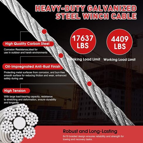 Steel Winch Cable,3/8" x 100' Wire Rope with Swivel Hook,17637 Lbs Breaking Strength,6x19 Strand Core Steel Towing Cable for Tow Truck,Crane,Wrecker in Kuwait