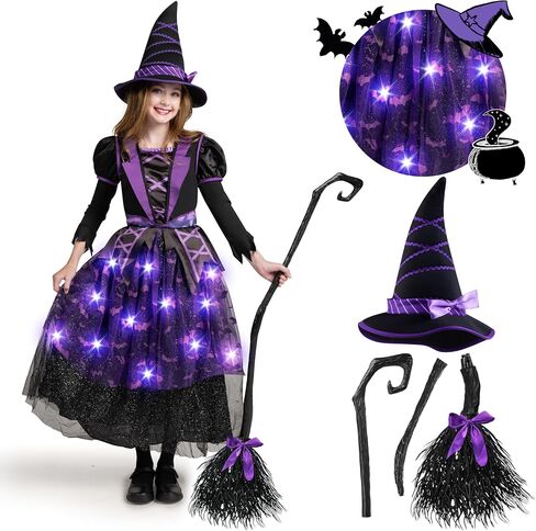 pooktacular Creations Halloween Witch Costume Kids, Light Up Witch Dress with Hat and Broom for Girls, Toddlers Bat Outfit Set for Halloween Costumes Role Play Parties, Purple (Large(10-12 yrs)) in Kuwait