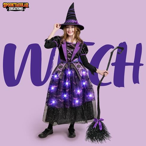 pooktacular Creations Halloween Witch Costume Kids, Light Up Witch Dress with Hat and Broom for Girls, Toddlers Bat Outfit Set for Halloween Costumes Role Play Parties, Purple (Large(10-12 yrs)) in Kuwait