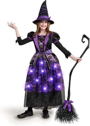 pooktacular Creations Halloween Witch Costume Kids, Light Up Witch Dress with Hat and Broom for Girls, Toddlers Bat Outfit Set for Halloween Costumes Role Play Parties, Purple (Large(10-12 yrs)) in Kuwait
