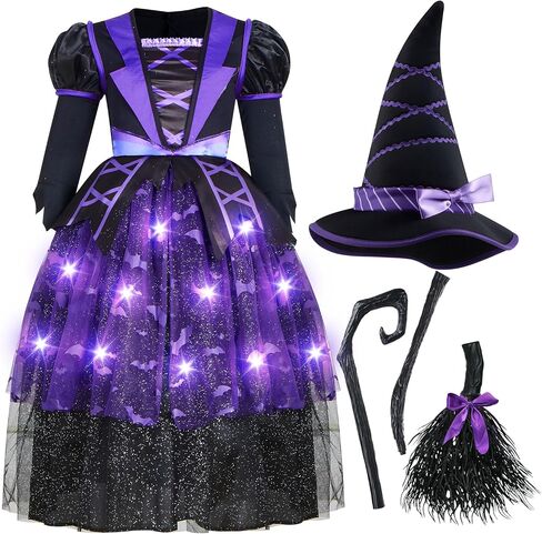 pooktacular Creations Halloween Witch Costume Kids, Light Up Witch Dress with Hat and Broom for Girls, Toddlers Bat Outfit Set for Halloween Costumes Role Play Parties, Purple (Large(10-12 yrs)) in Kuwait