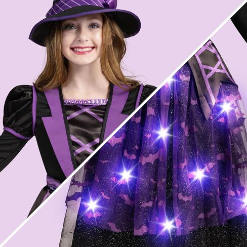 pooktacular Creations Halloween Witch Costume Kids, Light Up Witch Dress with Hat and Broom for Girls, Toddlers Bat Outfit Set for Halloween Costumes Role Play Parties, Purple (Large(10-12 yrs)) in Kuwait