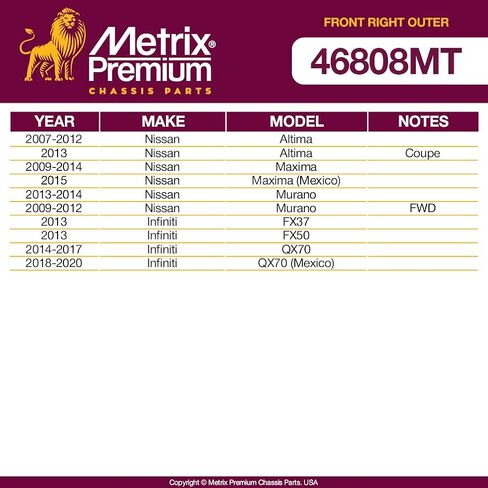 Metrix Premium Artrics-Art Bront Leite Tie Rod End يناسب 07-13 Nissan Altima ، 09-14 Maxima ، 15 Maxima (المكسيك) ، 09-12 Murano FWD ، 13 Infiniti FX37 ، FX50 ، 14-17 QX70 ، ES800358 ، مصنوعة في أوروبا in Kuwait