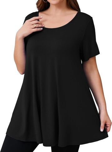 JollieLovin Women Plus Size Short Sleeve Summer Long Tunic Tops Loose Fit T-Shirt to Wear with Leggings(L-5X) in Kuwait