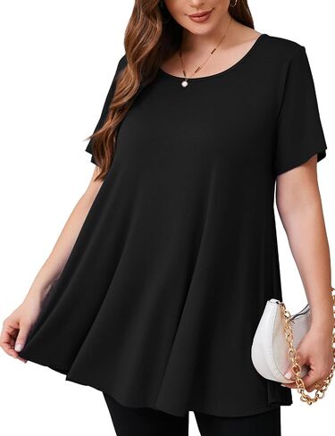 JollieLovin Women Plus Size Short Sleeve Summer Long Tunic Tops Loose Fit T-Shirt to Wear with Leggings(L-5X) in Kuwait