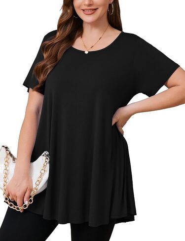 JollieLovin Women Plus Size Short Sleeve Summer Long Tunic Tops Loose Fit T-Shirt to Wear with Leggings(L-5X) in Kuwait