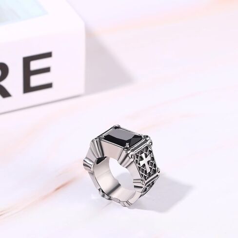 OIDEA Vintage Stone Men's Rings: Retro Square Red Onyx Agate Stone Ring Stainless Steel Cross Signet Ring Cocktail Party Biker Thumb Pinky Ring Gothic Jewelry Gifts in Kuwait