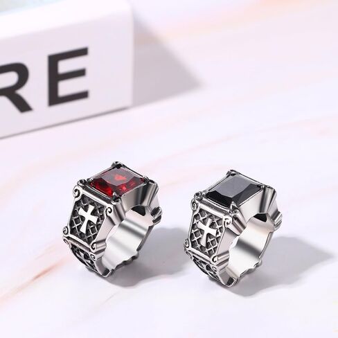 OIDEA Vintage Stone Men's Rings: Retro Square Red Onyx Agate Stone Ring Stainless Steel Cross Signet Ring Cocktail Party Biker Thumb Pinky Ring Gothic Jewelry Gifts in Kuwait