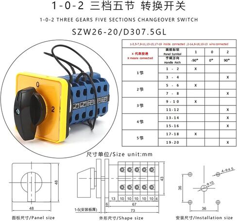 SZW26/LW26-20 D307.5GL 20A 5 Poles 3 Positions 1-0-2 Panel Mounted Electric Transfer Rotary Cam Changeover Switch in Saudi Arabia