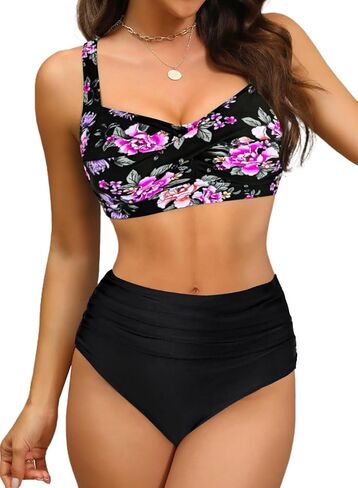 Women's Twist Front Full Coverage Swimsuit V Neck Padded High Waisted Ruched Bikini Set Two Piece Bathing Suit in Kuwait