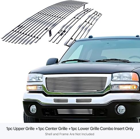 APS Premium Stainless Steel Chrome 8x6 Horizontal Billet Grille Grill Insert Combo Compatible with GMC Sierra 1500 2500HD 3500 03 04 05 06 & 07 Classic Main Upper Top Lower Bumper N19-S87978G in Saudi Arabia