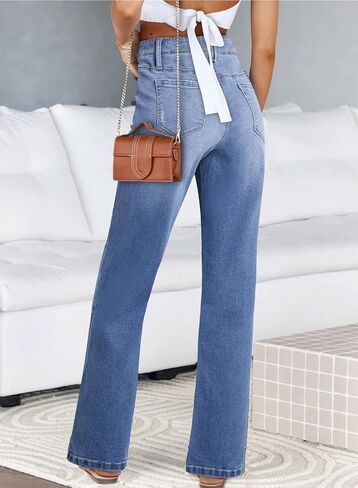 Astylish Womens Wide Leg Jeans High Waisted Stretchy Buttoned Cropped Denim Pants Trendy 2024 with Pocket in Kuwait