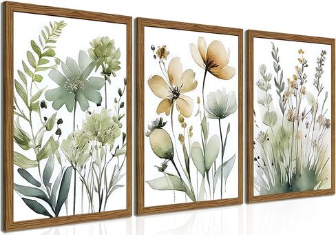 Wood Framed Sage Green Botanical Wall Art مجموعة من 3 ، لوحات ديكور جدران بويو ، ملصقات زهرة الحد الأدنى ، صور لغرفة نوم غرفة المعيشة ديكور المنزل 12x16 بوصة in Kuwait