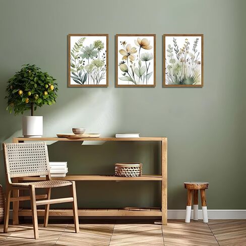 Wood Framed Sage Green Botanical Wall Art مجموعة من 3 ، لوحات ديكور جدران بويو ، ملصقات زهرة الحد الأدنى ، صور لغرفة نوم غرفة المعيشة ديكور المنزل 12x16 بوصة in Kuwait