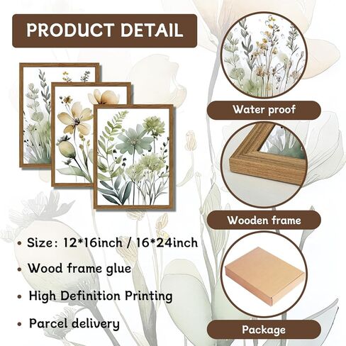 Wood Framed Sage Green Botanical Wall Art مجموعة من 3 ، لوحات ديكور جدران بويو ، ملصقات زهرة الحد الأدنى ، صور لغرفة نوم غرفة المعيشة ديكور المنزل 12x16 بوصة in Kuwait