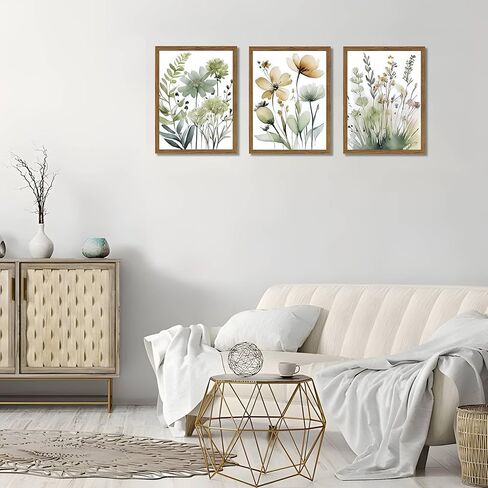 Wood Framed Sage Green Botanical Wall Art مجموعة من 3 ، لوحات ديكور جدران بويو ، ملصقات زهرة الحد الأدنى ، صور لغرفة نوم غرفة المعيشة ديكور المنزل 12x16 بوصة in Kuwait