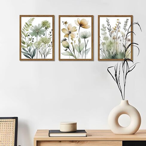 Wood Framed Sage Green Botanical Wall Art مجموعة من 3 ، لوحات ديكور جدران بويو ، ملصقات زهرة الحد الأدنى ، صور لغرفة نوم غرفة المعيشة ديكور المنزل 12x16 بوصة in Kuwait