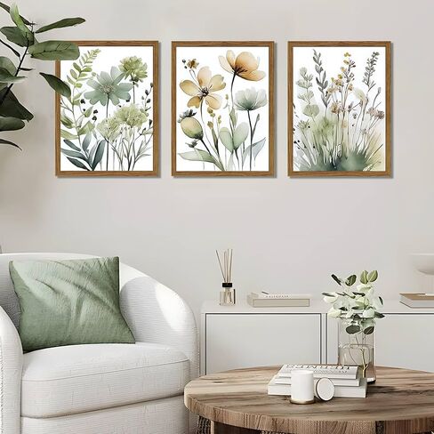 Wood Framed Sage Green Botanical Wall Art مجموعة من 3 ، لوحات ديكور جدران بويو ، ملصقات زهرة الحد الأدنى ، صور لغرفة نوم غرفة المعيشة ديكور المنزل 12x16 بوصة in Kuwait