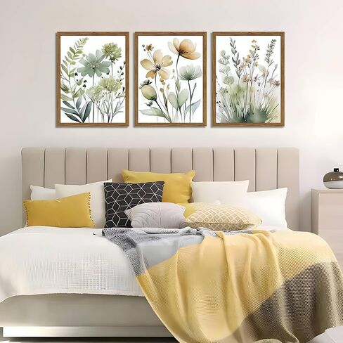 Wood Framed Sage Green Botanical Wall Art مجموعة من 3 ، لوحات ديكور جدران بويو ، ملصقات زهرة الحد الأدنى ، صور لغرفة نوم غرفة المعيشة ديكور المنزل 12x16 بوصة in Kuwait