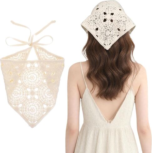 Crochet Bandana, Triangle Head Scarf Hair Bandana for Women, Cute Floral Knitted Lace Crochet Knitted Headband Vintage Hair Accessory for Styling, Festivals Holidays Christmas Decor (White) in Saudi Arabia