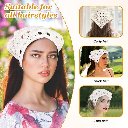Crochet Bandana, Triangle Head Scarf Hair Bandana for Women, Cute Floral Knitted Lace Crochet Knitted Headband Vintage Hair Accessory for Styling, Festivals Holidays Christmas Decor (White) in Saudi Arabia