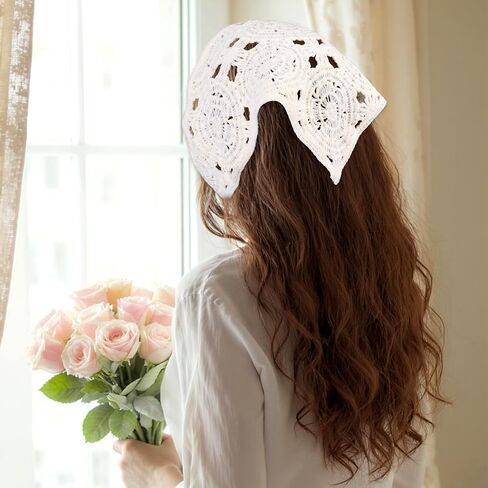 Crochet Bandana, Triangle Head Scarf Hair Bandana for Women, Cute Floral Knitted Lace Crochet Knitted Headband Vintage Hair Accessory for Styling, Festivals Holidays Christmas Decor (White) in Saudi Arabia