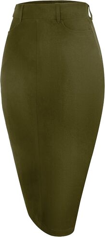 Houmous Women's Cotton Cotton Skirt Skirt Stretch Office Midi Midi أسفل ركبة حلقات الحزام in Kuwait