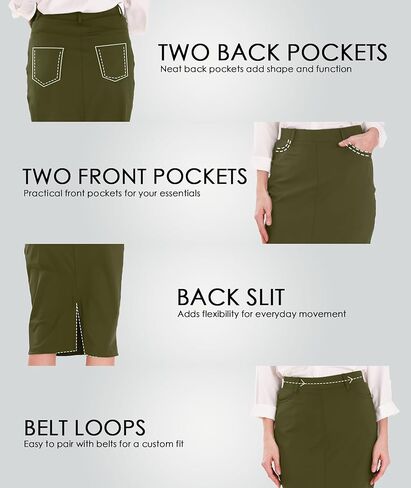 Houmous Women's Cotton Cotton Skirt Skirt Stretch Office Midi Midi أسفل ركبة حلقات الحزام in Kuwait