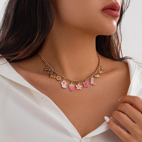 Gold Charm Necklace for Women Dainty Initial Charm Choker Necklaces Flower Starfish Bowknot Pendant Paperclip Chain Necklace in Saudi Arabia