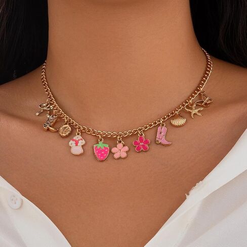 Gold Charm Necklace for Women Dainty Initial Charm Choker Necklaces Flower Starfish Bowknot Pendant Paperclip Chain Necklace in Saudi Arabia