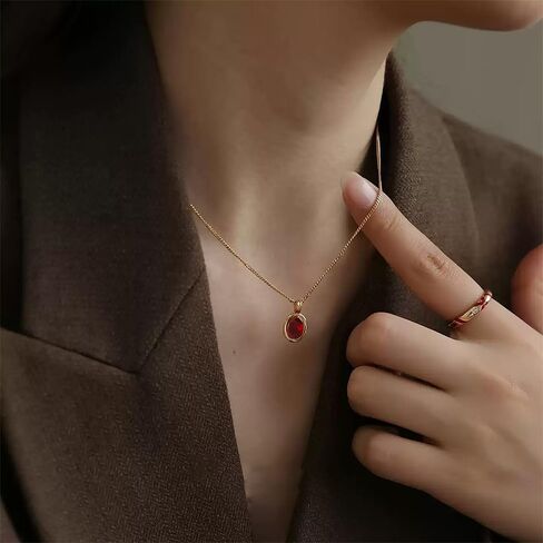 OIDIMS Vintage Red Gemstone Pendant Necklace For Women Statement Stainless Steel Elegant Trendy Ellipse Crystal Adjustable Link Choker Chain Necklaces Boho Birthday Wedding Anniversary Fashion Gift in Saudi Arabia
