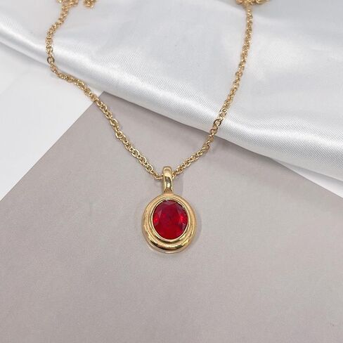 OIDIMS Vintage Red Gemstone Pendant Necklace For Women Statement Stainless Steel Elegant Trendy Ellipse Crystal Adjustable Link Choker Chain Necklaces Boho Birthday Wedding Anniversary Fashion Gift in Saudi Arabia