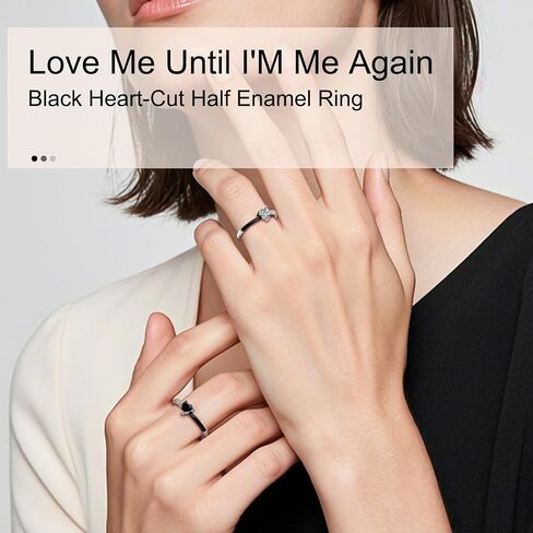 Love Me Until I'M Me Again Black Heart-Cut Half Enamel Ring, S925 Sterling Silver Heart Rings Self-Love Ring Gift, Heart Rings Birthday Gifts for Women, Daughter, Wife, Friends in Kuwait