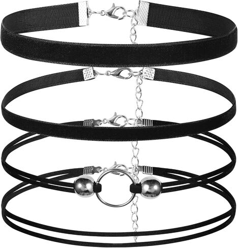 Black Choker Necklaces for Woman 4 Pcs Black Lace Velvet Chocker Set Gothic Necklace Layered Adjustable Jewelry Soft Collar Chain Accessories for Gifts Cosplay Party - Simple and Low-Key Style in Saudi Arabia