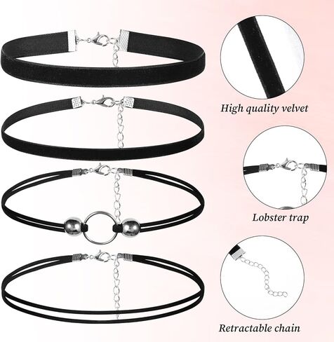 Black Choker Necklaces for Woman 4 Pcs Black Lace Velvet Chocker Set Gothic Necklace Layered Adjustable Jewelry Soft Collar Chain Accessories for Gifts Cosplay Party - Simple and Low-Key Style in Saudi Arabia